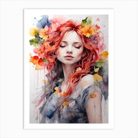 Watercolor Of A Girl With Red Hair Art Print