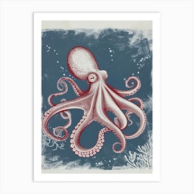 Octopus In The Ocean With Coral Linocut Inspired 4 Art Print