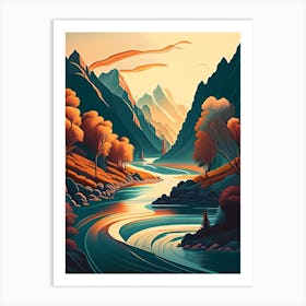 River Current Landscapes Waterscape Retro Illustration 1 Art Print