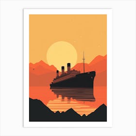 Titanic Ship At Sunset Sea Minimalist Illustration 3 Art Print