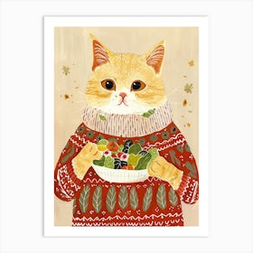 Cute Tan Cat Eating A Salad Folk Illustration 3 Art Print