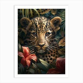 A Happy Front faced Leopard Cub In Tropical Flowers 4 Art Print