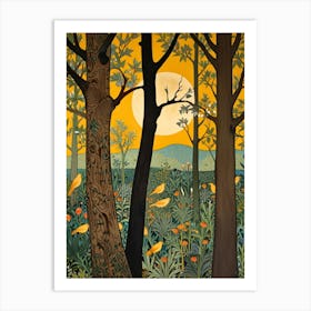 William Morris Style Moon In The Forest Art Print