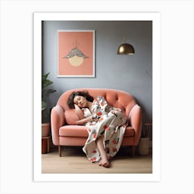 Woman Sleeping On A Pink Couch Art Print