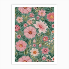 Pink Flowers On A Green Background Art Print