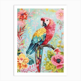 Colorful Bright Parrot Sitting On A Branch Among Flowers Art Print