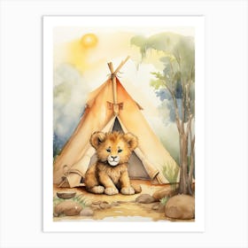 Camping Watercolour Lion Art Painting 2 Art Print