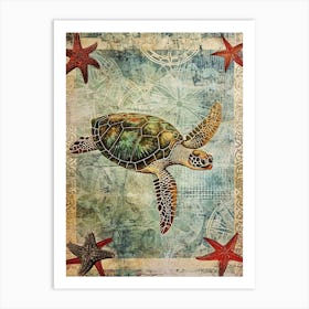 Sea Turtle & Star Fish Textured Collage 4 Art Print