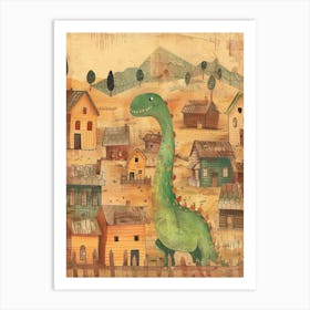 Dinosaur In A Village Storybook Style 3 Art Print