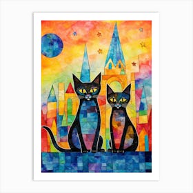 Two Cats On A Starry Night In Front Of A Medieval Church Art Print