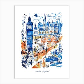 London England Illustration Line Art City Travel Blue Art Print