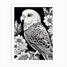 B&W Bird Linocut Budgerigar 2 Art Print