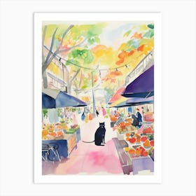 Food Market With Cats In Sydney 3 Watercolour Art Print