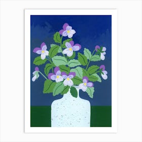 Pansies Blue Vase Gouache Painting Art Print