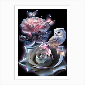 Owl And Rose Art Print