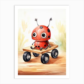 Baby Ladybug On A Toy Car, Watercolour Nursery 3 Art Print