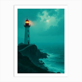 Lighthouse At Night, Blue Hour Aesthetic Art Print