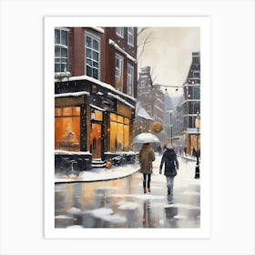 Amsterdam cafes, winter season, Christmas, autumn oil colors, pale colors, pedestrians in the street, winter clothes, falling snow.8 1 Art Print