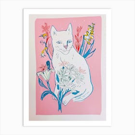 Cute Cat With Flowers Illustration 4 Art Print
