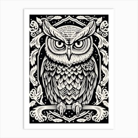B&W Bird Linocut Great Horned Owl 4 Art Print