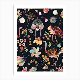Ostriches And Floral Black Art Print