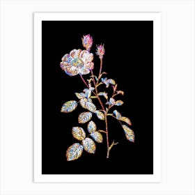 Stained Glass Vintage Sparkling Rose Mosaic Botanical Illustration on Black n.0315 Art Print