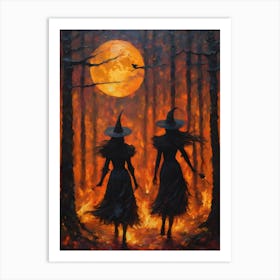 Witches Making Mayhem in Fiery Woods - Witchcraft Oil Painting Gothic Horror Halloween Artwork of Beltane Fire Festival on a Full Moon - Pagan Wiccan Wheel of the Year Art Print
