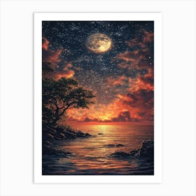 Full Moon Over The Ocean 1 Art Print