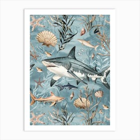 Pastel Blue Shark Watercolour Seascape Pattern 4 Art Print