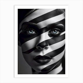 Stripes of Perception: Black And White Foto Portrait Of A Woman Art Print