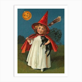 Cute Little Witch Under A Pumpkin Moon Art Print