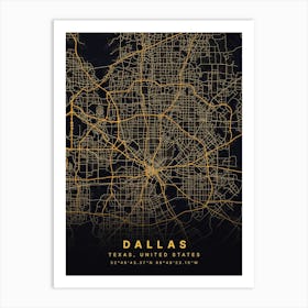 Dallas Texas USA Black And Gold Map Art Print