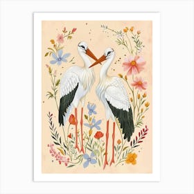 Folksy Floral Animal Drawing Crane 3 Art Print