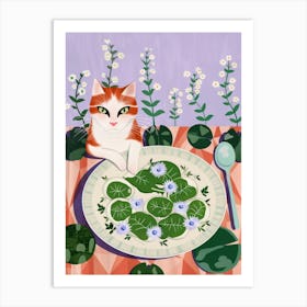 Cat And Green Ravioli Art Print