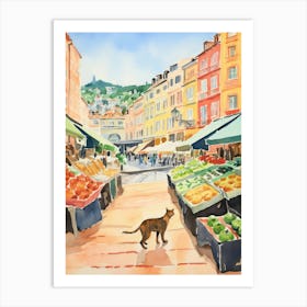 Food Market With Cats In Santander 1 Watercolour Art Print