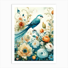 Blue Bird With Flowers 2 Art Print