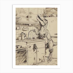 Dinosaur In The Kitchen Sepia Sketch Art Print
