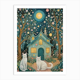 The Cottage And White Cats In The Moonlight Art Print