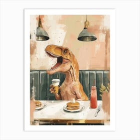 Muted Mustard Dinosaur Eating Breakfast At A Diner Art Print