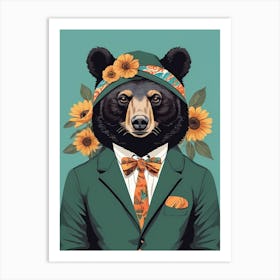 Floral Black Bear Portrait In A Suit (15) Art Print