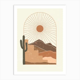 Desert Sun Cactus Mountains Warm Colors Arched Window Art Print