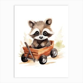 Baby Raccoon On A Toy Car, Watercolour Nursery 3 Art Print