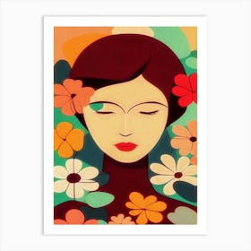 Woman With Flowers, Retro Motif, Grainy Texture Art Print