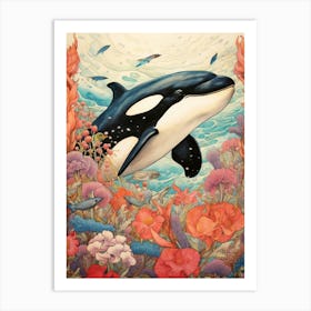 Orca Whale And Flowers 8 Art Print