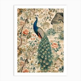 Vintage Peacock Wallpaper Outside A Thatched Cottage 1 Art Print