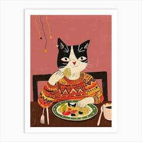 Black And White Cat Eating Pizza Folk Illustration 7 Art Print