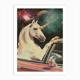 Unicorn Driving A Retro Car In Space 1 Art Print