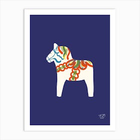 White Swedish Dalahorse On Ultramarine Art Print