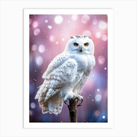 White Owl Perched On A Slender Twig Wings Resting By Its Side Sporting Large Black Eyes And An Exp Art Print