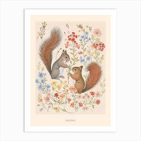 Folksy Floral Animal Drawing Squirrel 3 Poster Art Print